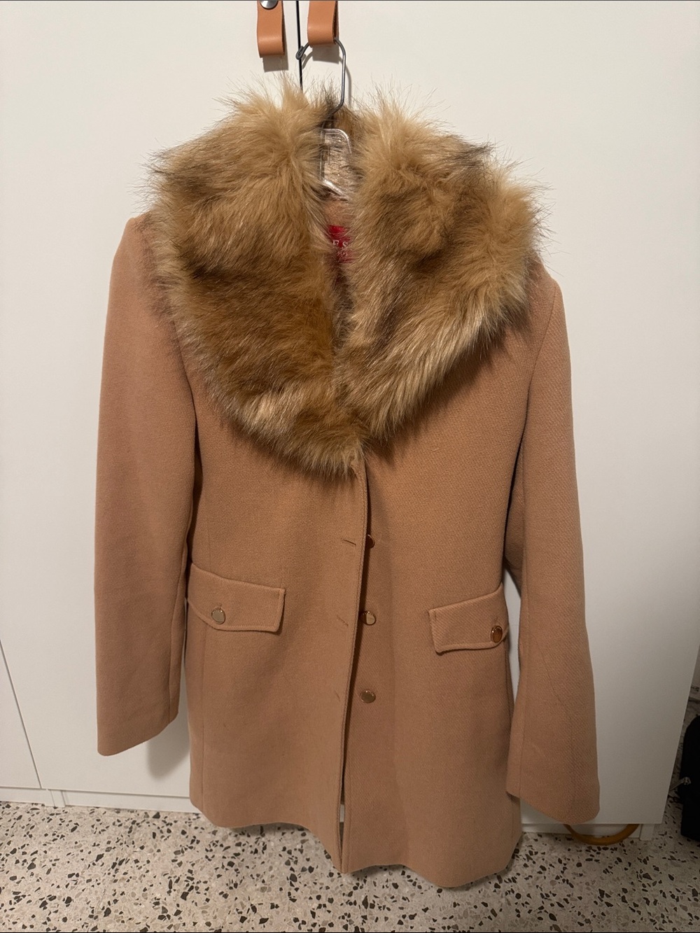 Guess Camel Trench Coat with Faux Fur Collar